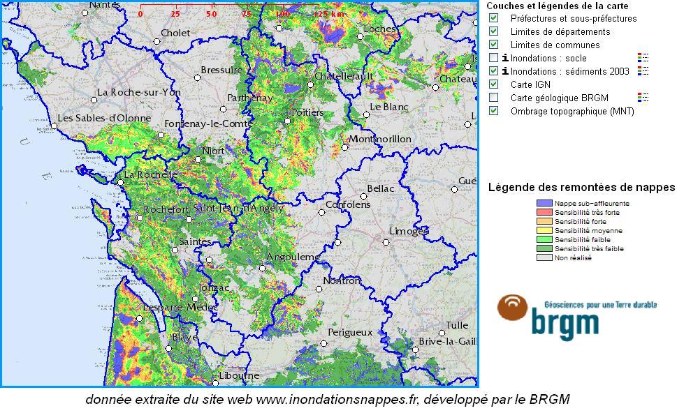 Carte du risque de remontée de nappe en Poitou-Charentes